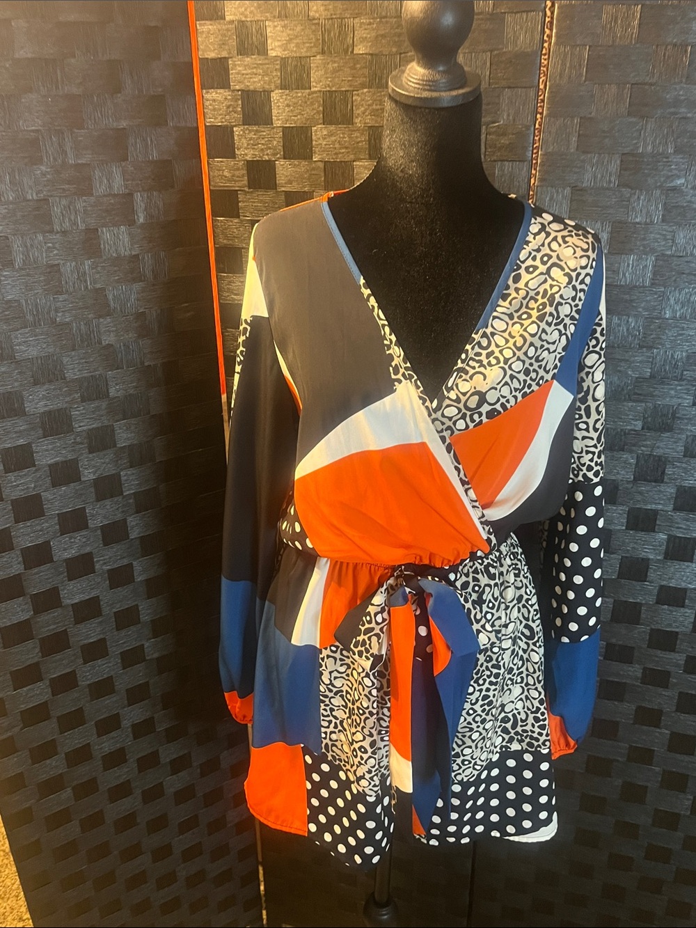 Colorblock Wrap Mini Dress in Blue, Orange, White